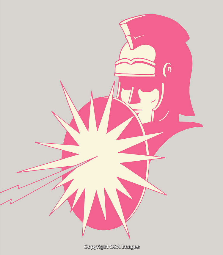 Spartan Warrior Icon with Bold Abstract Colors and Striking Shield Impact