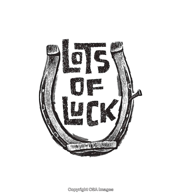 Black and White Illustration of Horseshoe with 'Lots of Luck' Text