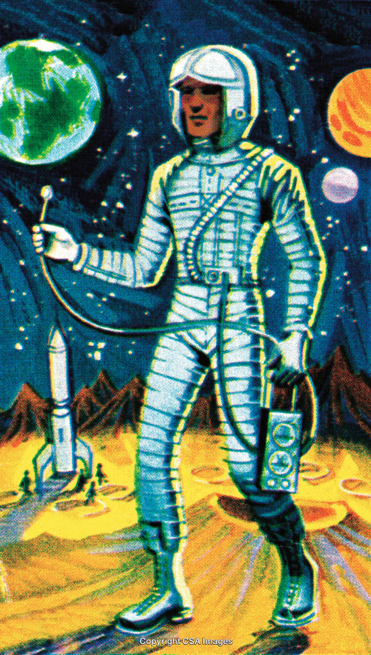Astronaut Explores Alien Planet Landscape with Spaceship and Earth in the Background