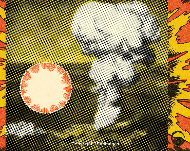 Stylized Retro Explosion Artwork Featuring a Smoky Atmosphere in Vintage Halftone Print