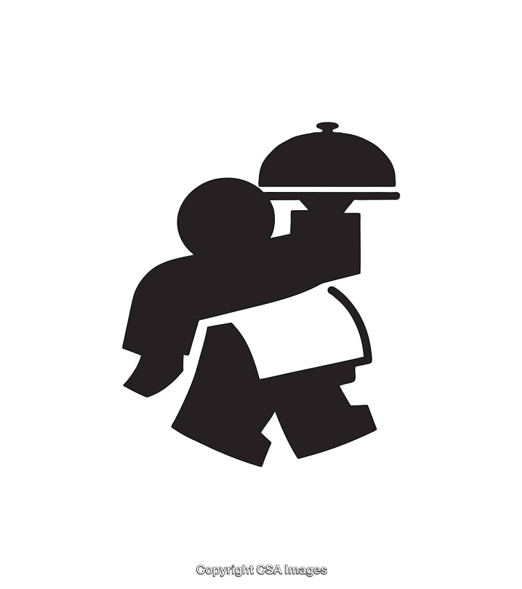Black and White Icon of Waiter Holding Tray with Food Cover