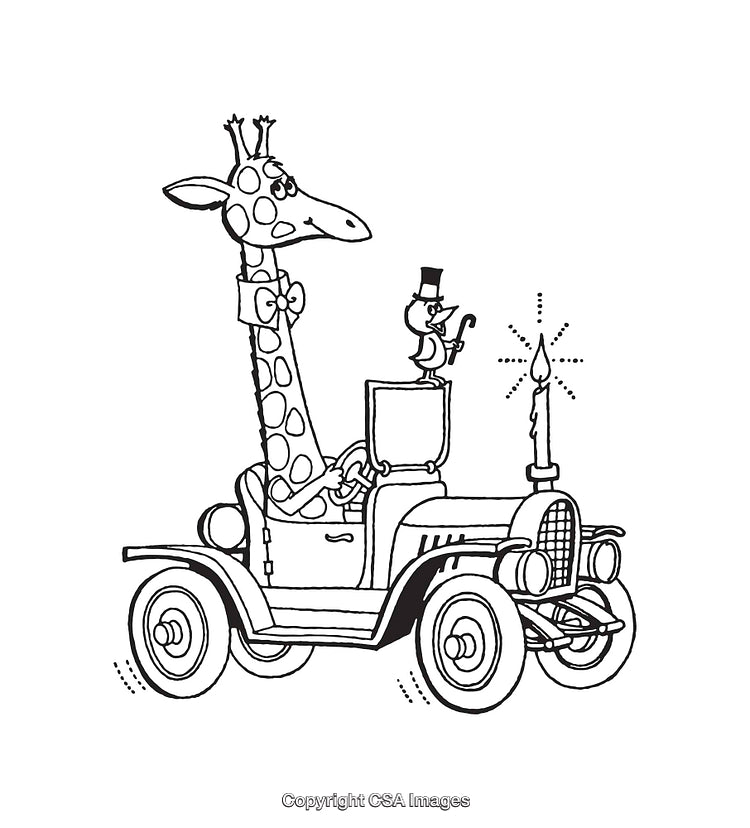 Black and White Line Art of a Giraffe in an Old-Fashioned Car