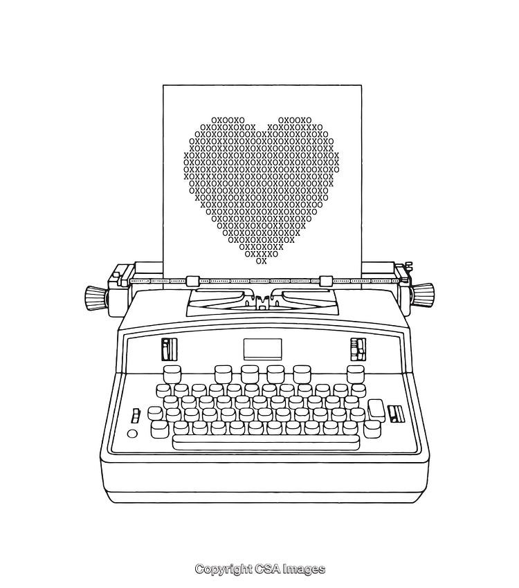 Black and White Line Art of a Typewriter with Heart on Paper