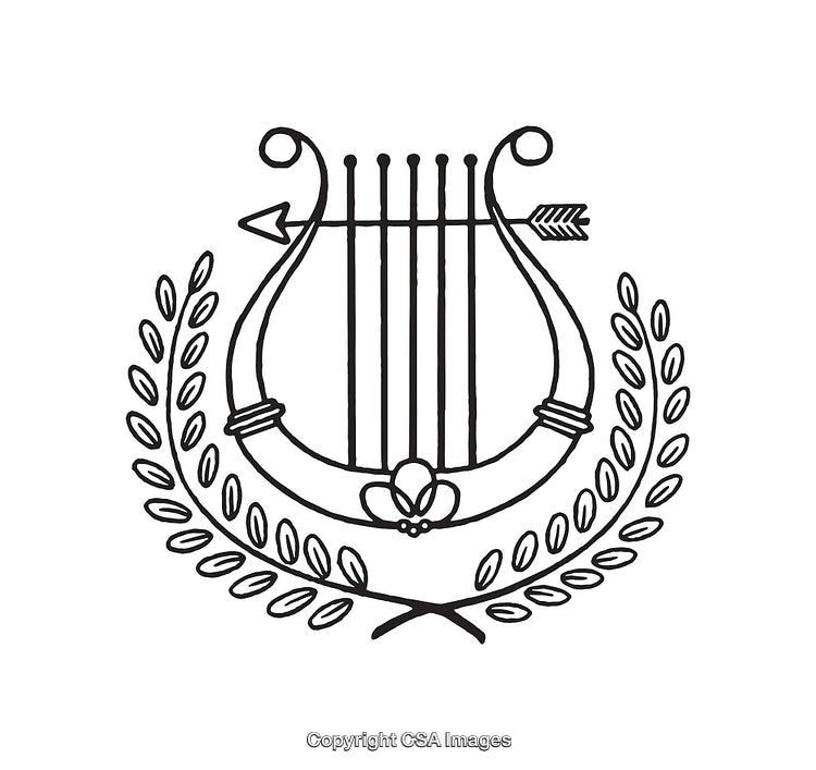 Black and White Lyre Design with Laurel Wreath Symbolism