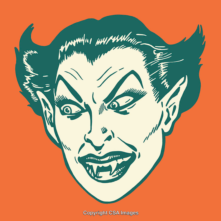 Vintage Line Art Illustration of a Vampire Face on Orange Background