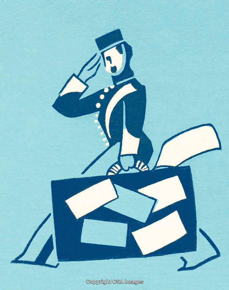 Artistic Illustration of a Bellhop Saluting Holding a Luggage with Tags