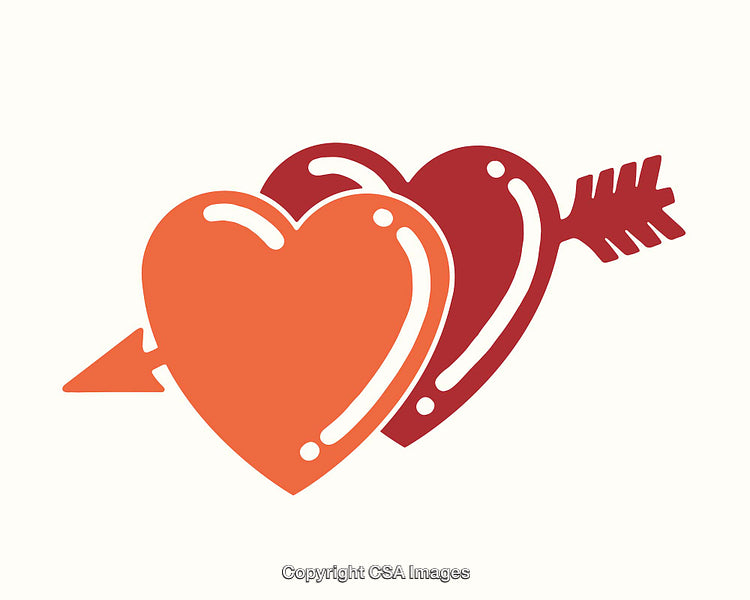 Romantic Illustration of Two Hearts Pierced by an Arrow in Bold Colors