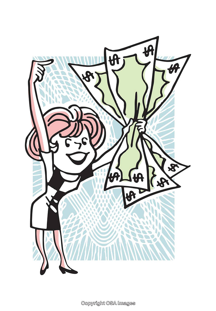 Cartoon Illustration of Woman Holding Dollar Bills Celebrating Success