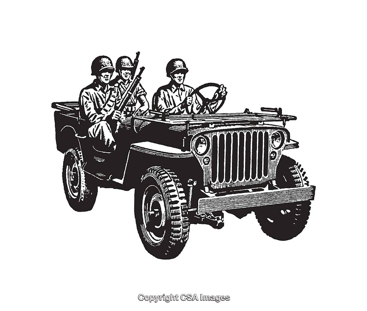 Black and White Line Art of Soldiers Driving a Military Jeep