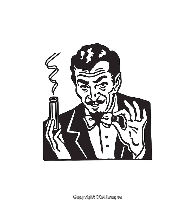 Vintage Scientist Holding Glass Apparatus in Black and White Line Art