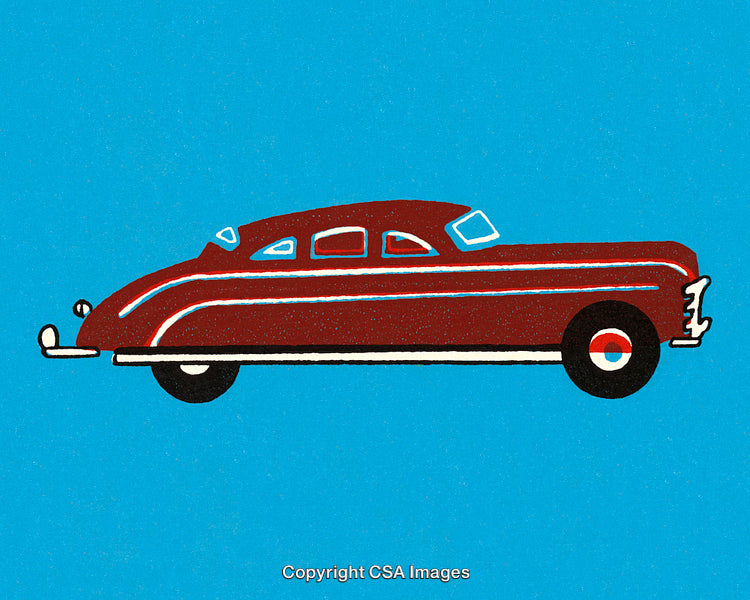 Vintage Red Car Illustration with Retro Styling on Blue Background