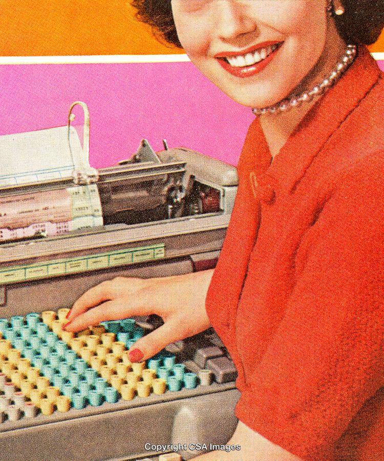 Retro Woman Using Colorful Keyboard in Vibrant Pop Art Style
