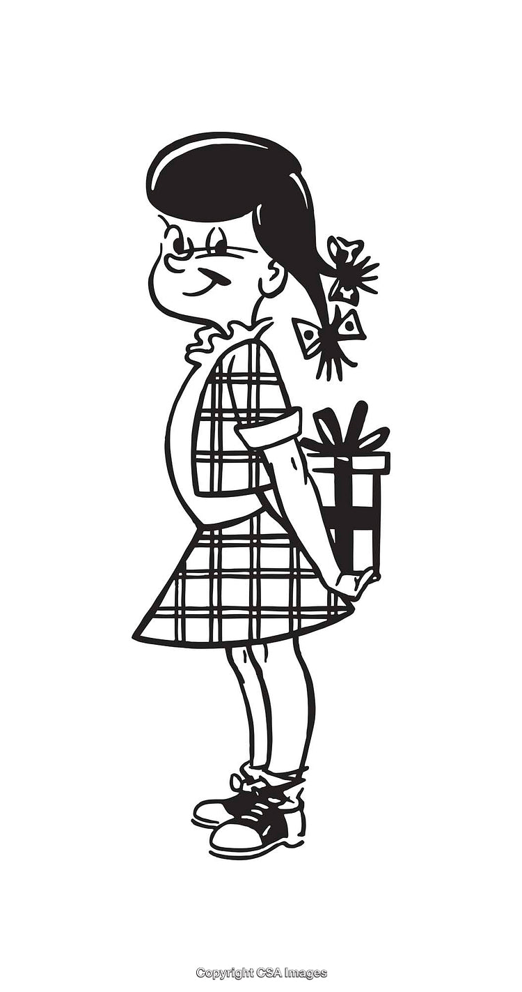 Black And White Line Art Of Girl Hiding Gift Behind Back