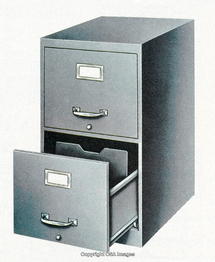 Metal Filing Cabinet with Open Drawer and Organized File Folders Inside