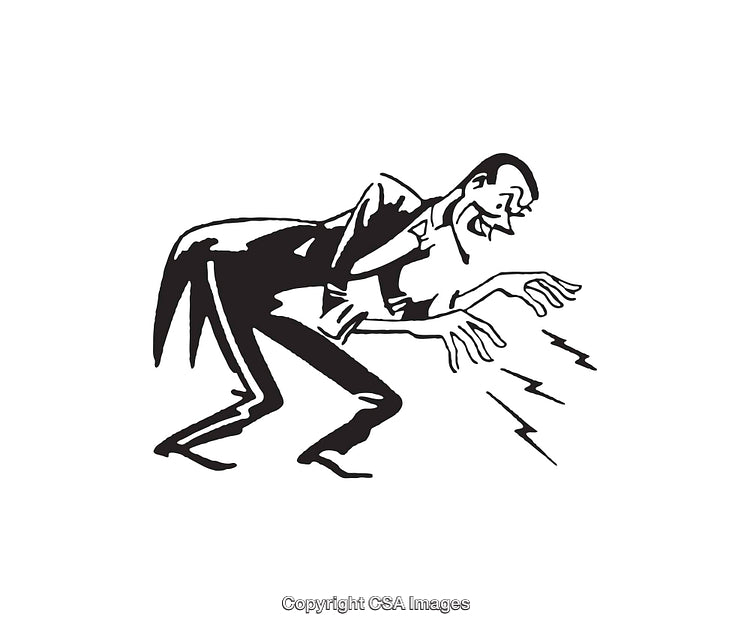 Vintage Black And White Line Art Illustration of a Sinister Character