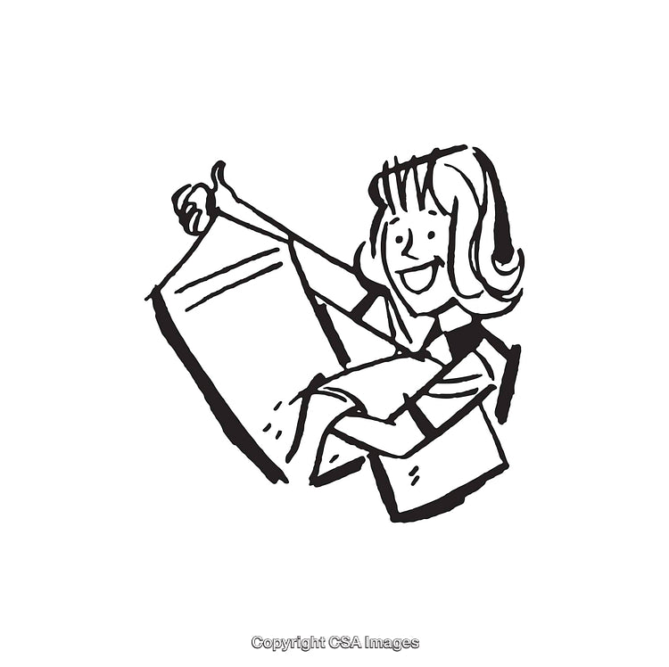 Happy Woman Holding a Newspaper in Black and White Line Art Style