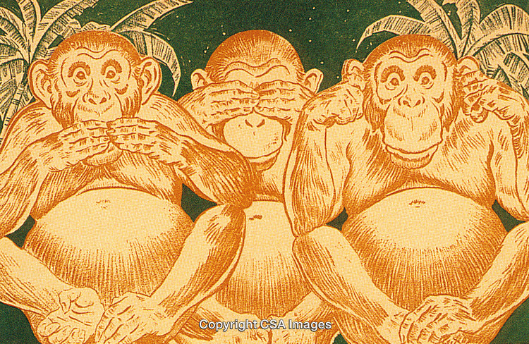 Illustration of Three Wise Monkeys Symbolizing Speak, See, and Hear No Evil