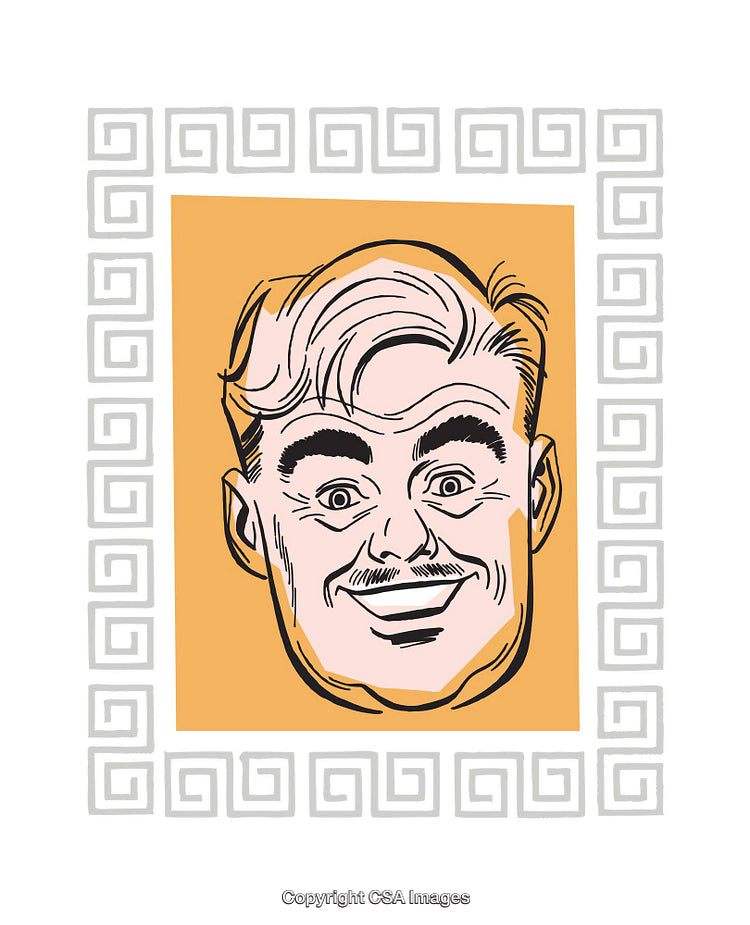 Retro Style Cartoon Illustration of a Smiling Man in Greek Motif Frame