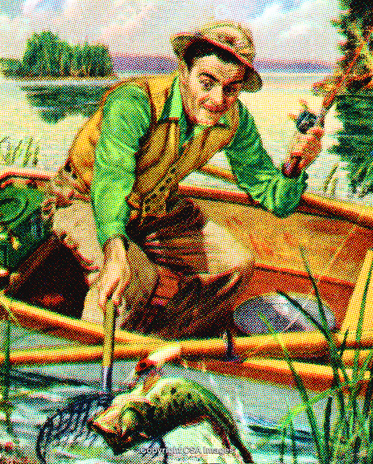 Man Fishing On a Boat Capturing a Fish Using a Net Near the Lake
