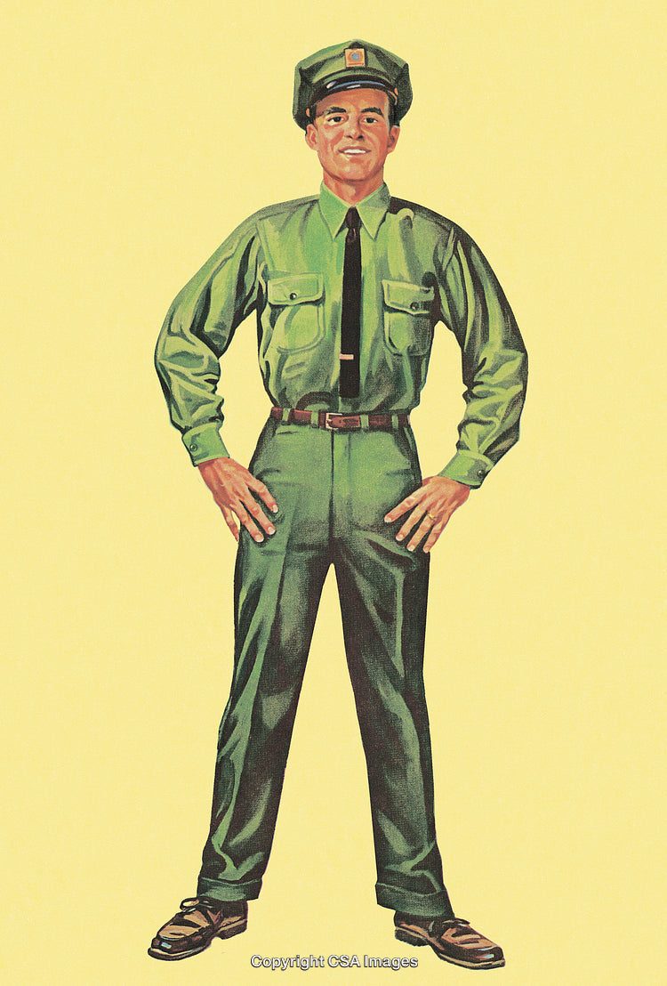 Vintage Illustration of a Smiling Uniformed Worker on Yellow Background