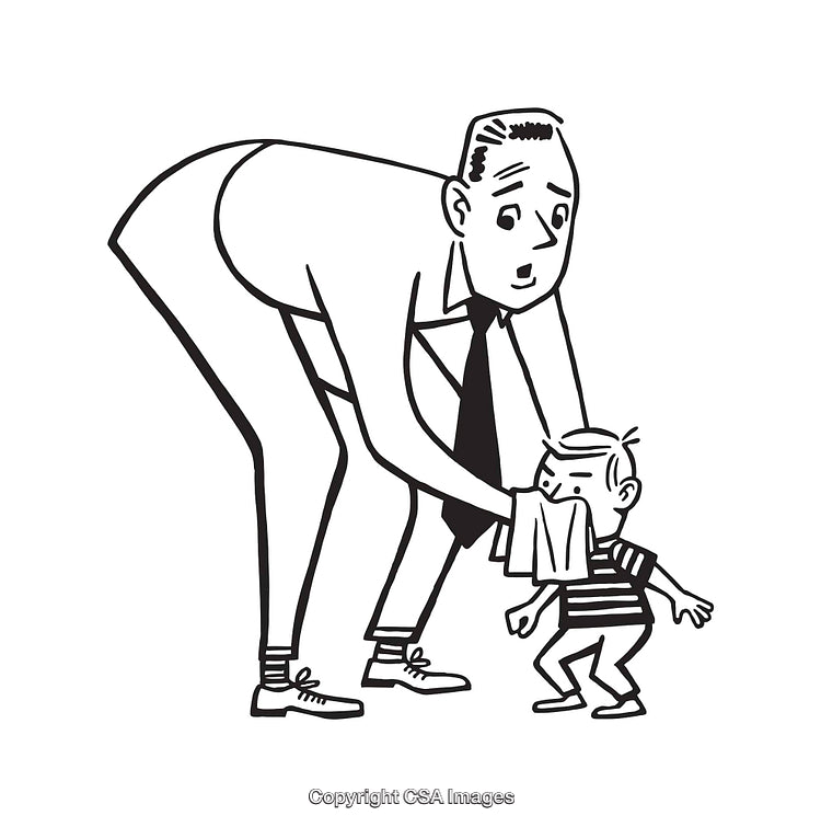 Father Caring for Son with Handkerchief in Line Art Illustration
