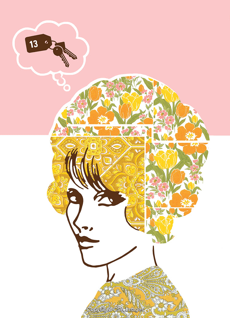 Retro-Style Illustration of Woman Reflecting with Key Symbol