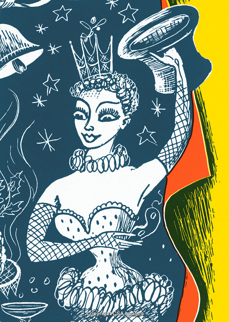 Artistic Illustration of a Queenly Figure in a Whimsical Setting