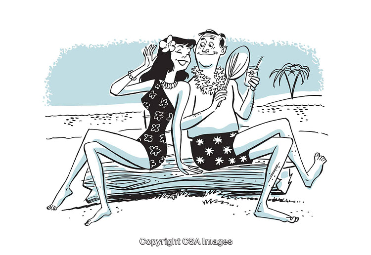 Colorful Illustration of a Beach Scene With Happy Vacationing Couple