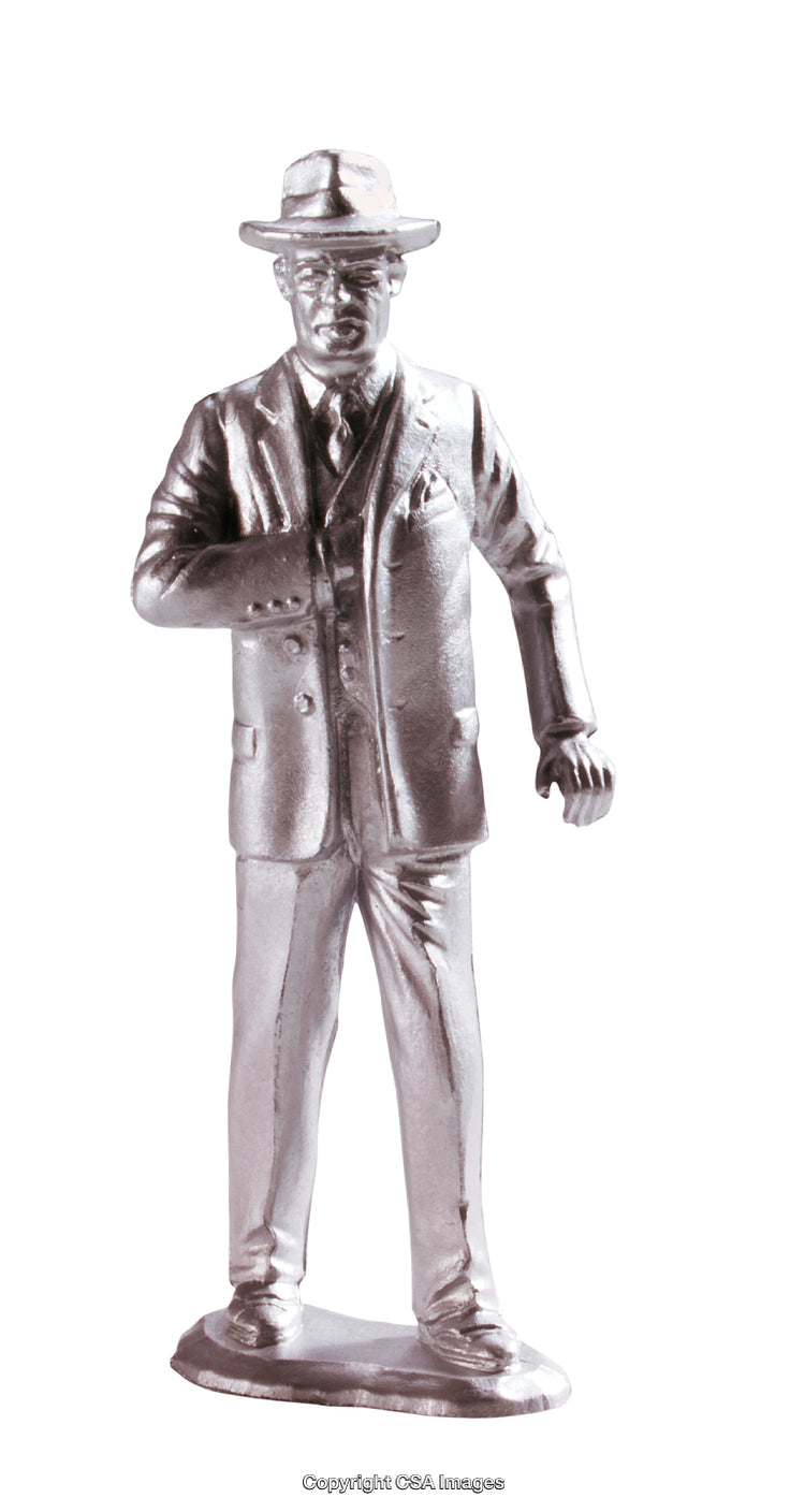 Metallic Figurine of a Businessman Wearing a Suit and Hat