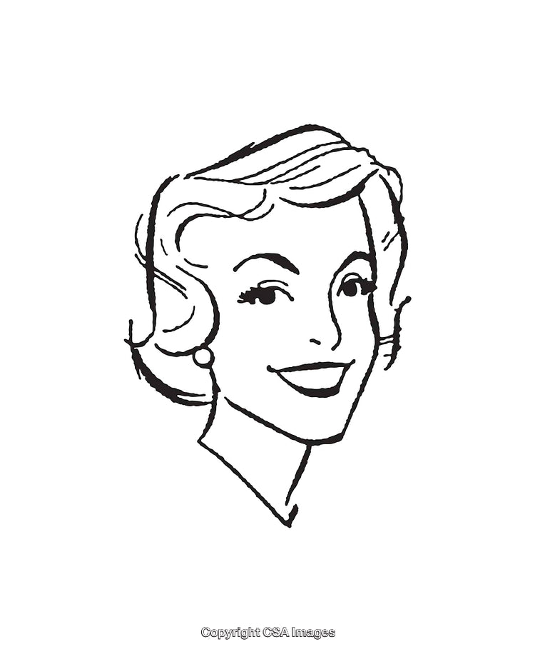 Retro Black and White Line Drawing of a Smiling Woman's Portrait