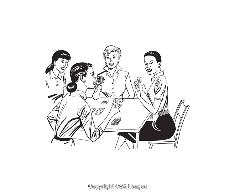 Group of Women Playing Cards in Black and White Line Art