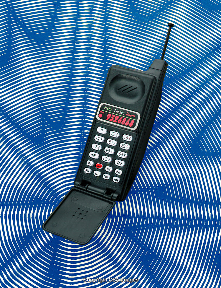 Retro Flip Phone Mobile Toy on Blue Geometric Background