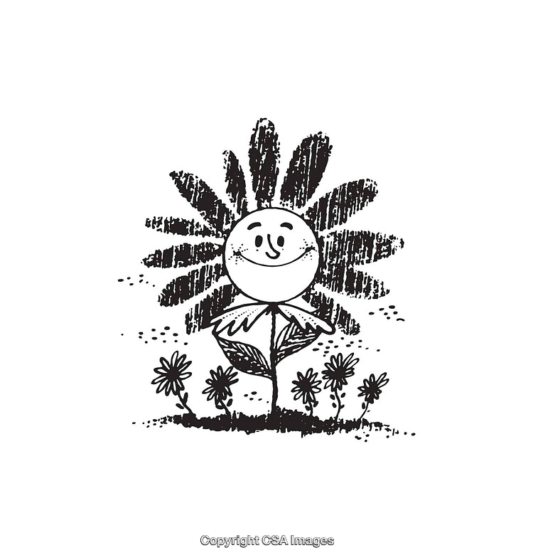Cheerful Smiling Flower Character in Black and White Line Art Style