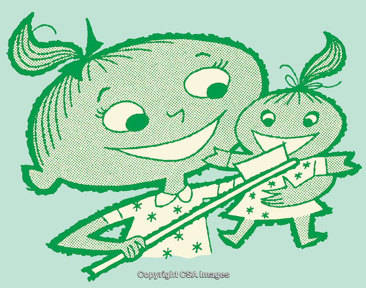 Whimsical Vintage Illustration of Smiling Girl and Her Doll Companion