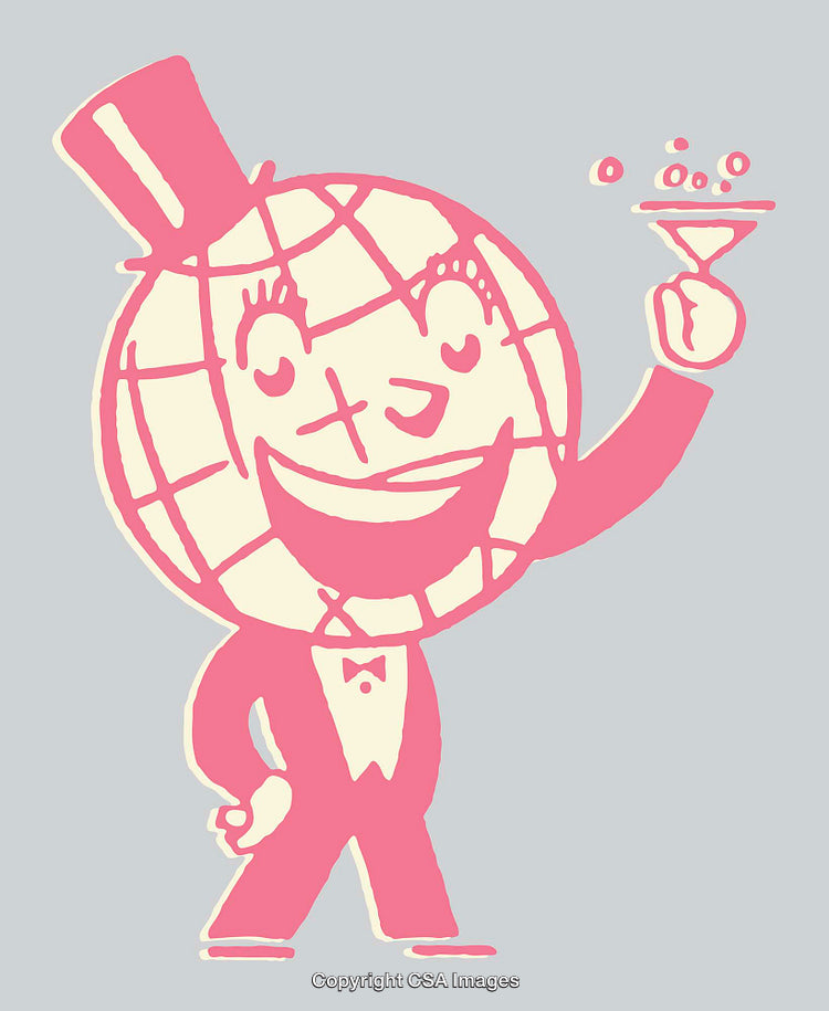 Whimsical Globe Character Toasting with Martini in Stylish Retro Artwork