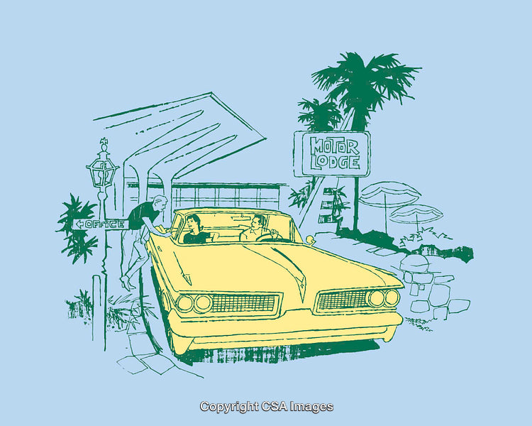 Retro Line Art Illustration of Vintage Motel and Car Scene