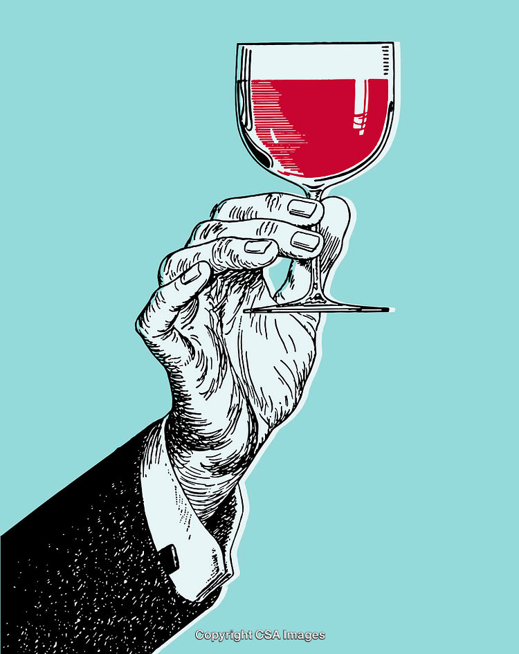 Elegant Hand Holding a Red Wine Glass in Vintage Illustration Style