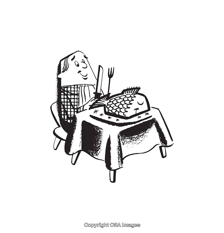 Black and White Illustration of a Man at a Table with a Meal