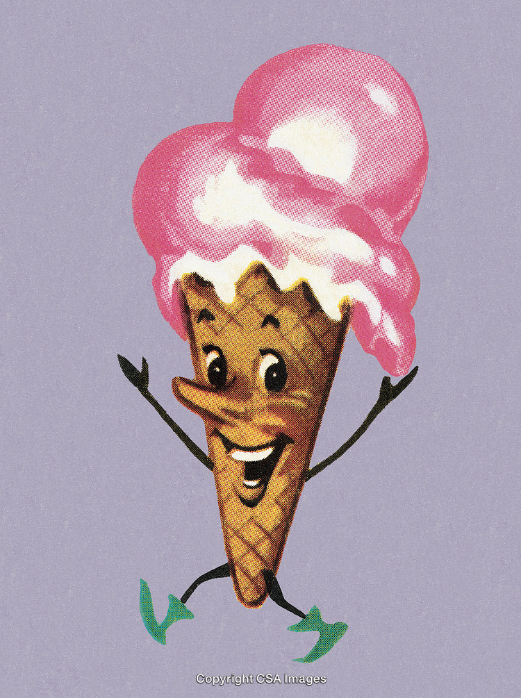 Playful Illustrated Ice Cream Cone with a Cheerful Expression and Pink Scoops