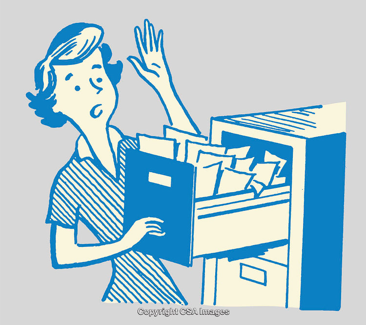 Vintage Illustration of Woman at Filing Cabinet with Surprised Expression