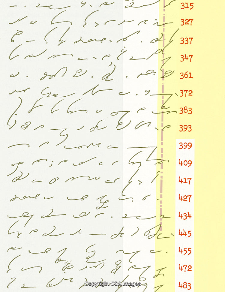 Handwritten Script Document Featuring Numbers and Calligraphic Styles on a Yellow Background