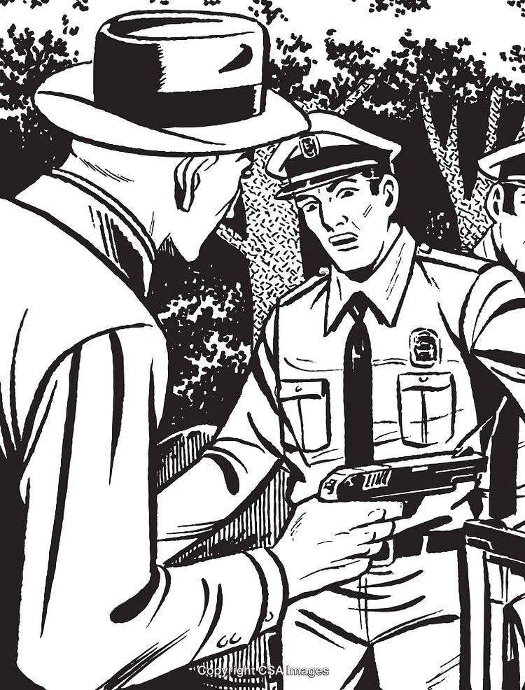 Monochrome Illustration of Policemen Interacting with a Civilian in a Park Setting
