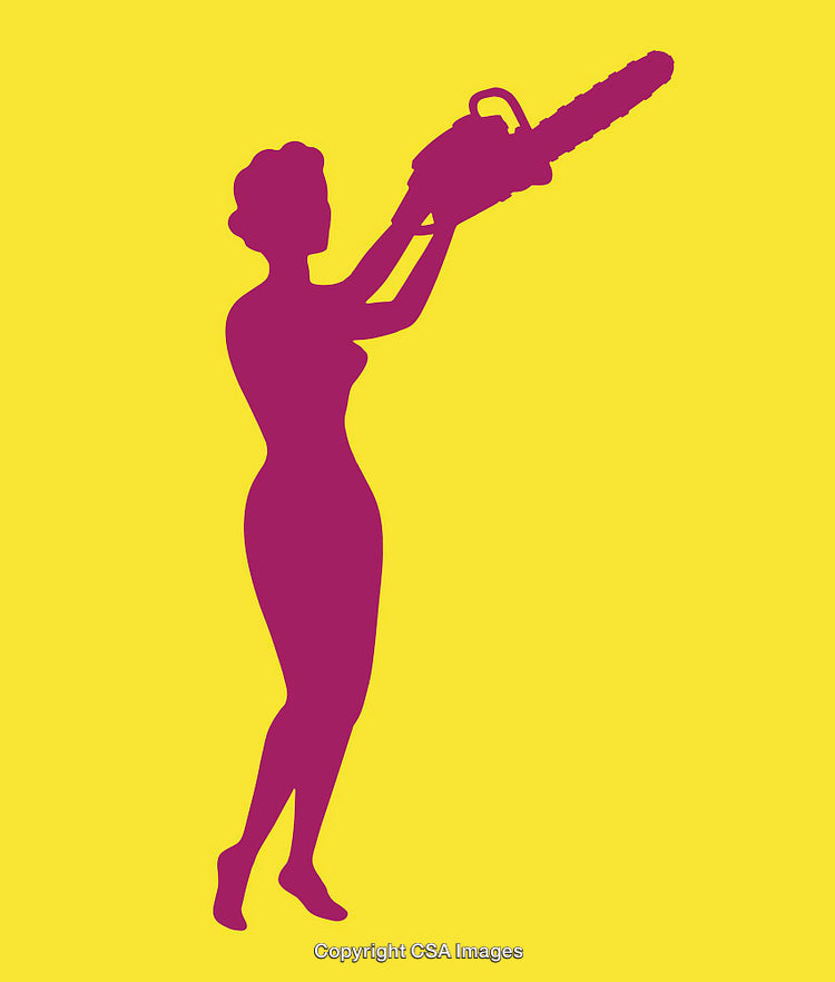 Silhouetted Woman Holding Chainsaw Over Bright Yellow Background