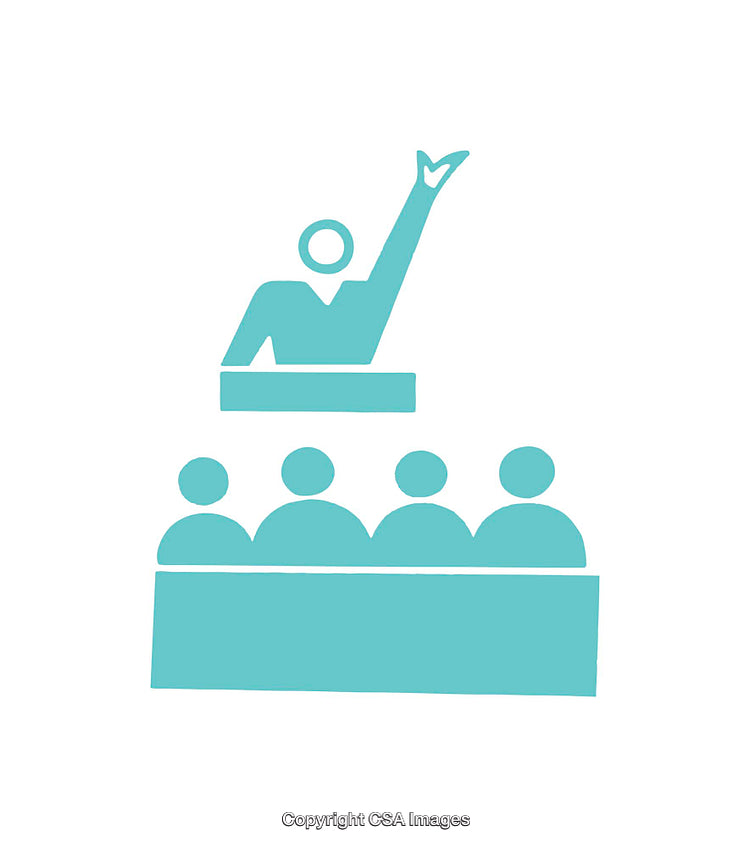 Blue Simplistic Illustration of a Speaker Addressing an Audience
