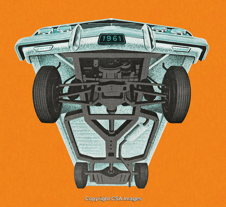 Underneath View of Classic Car with Highlighted Chassis Design and Retro Details