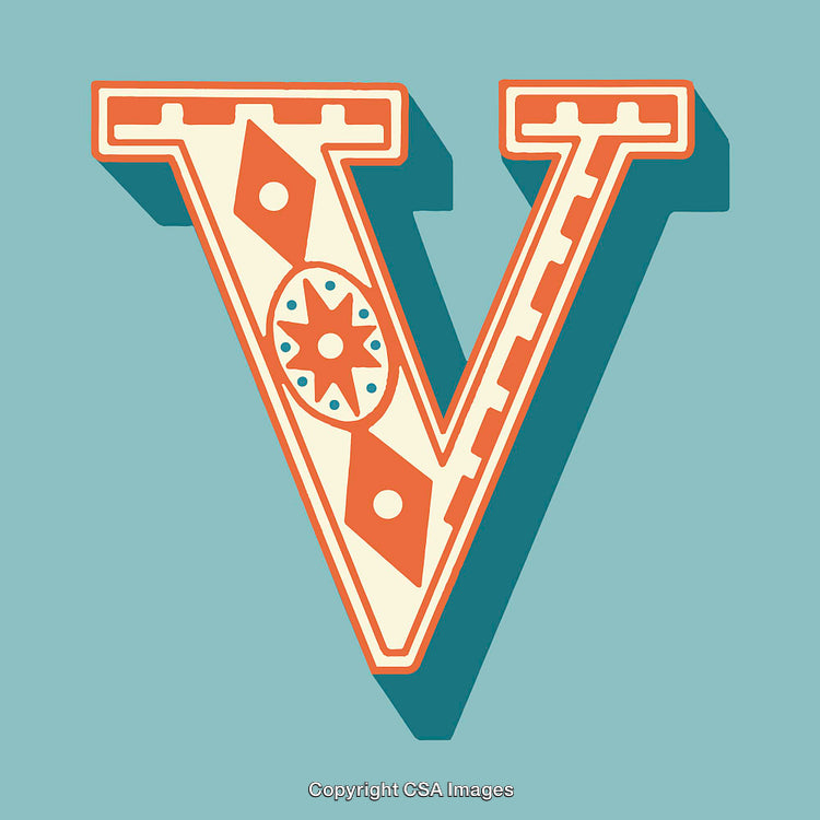 Stylized Ornamental Letter 'V' with Colorful Decorative Patterns