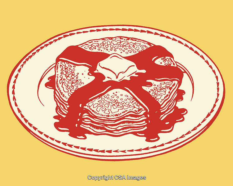 Illustrative Pancakes with Syrup and Butter on a Decorative Plate