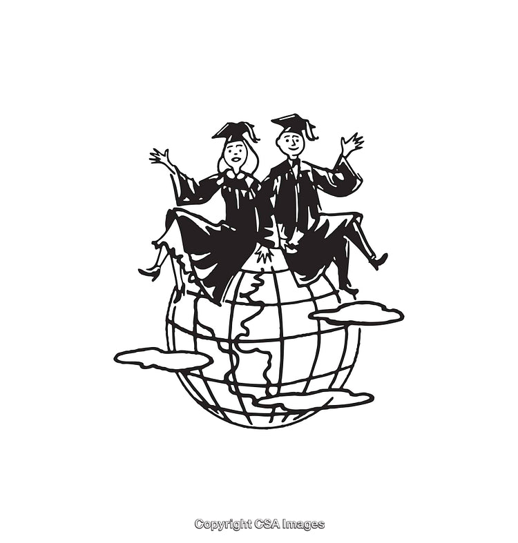 Graduates Sitting on Globe in Black and White Line Art
