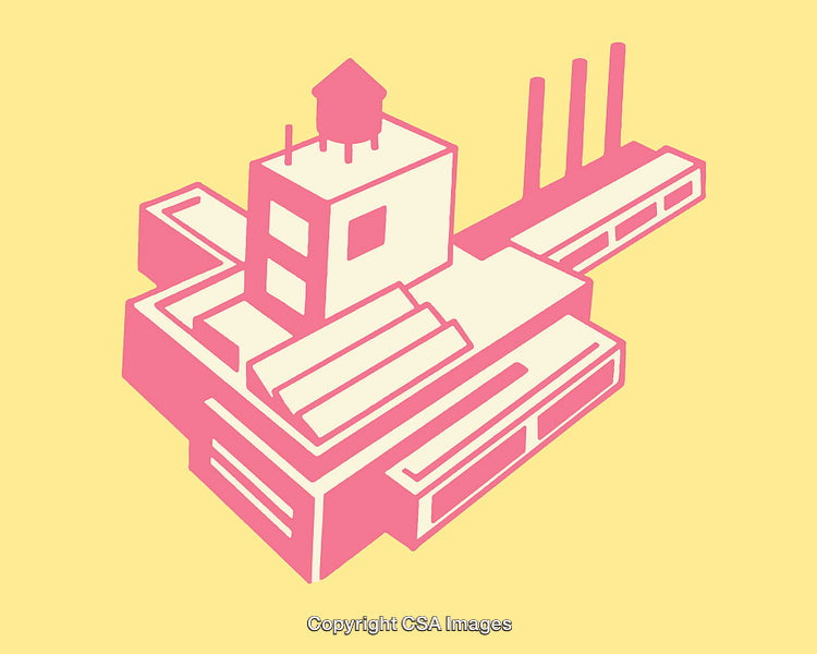 Colorful Line Art Illustration of a Factory Building on Yellow Background