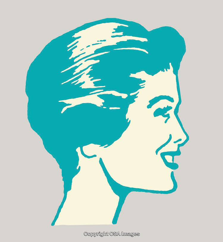 Retro Style Color Line Art Illustration of Smiling Woman Profile